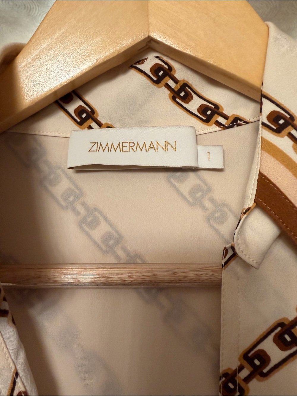 Zimmermann Cream Chain-Print Blouse Dress with Brown Trim- size 1 - Picture 2 of 9